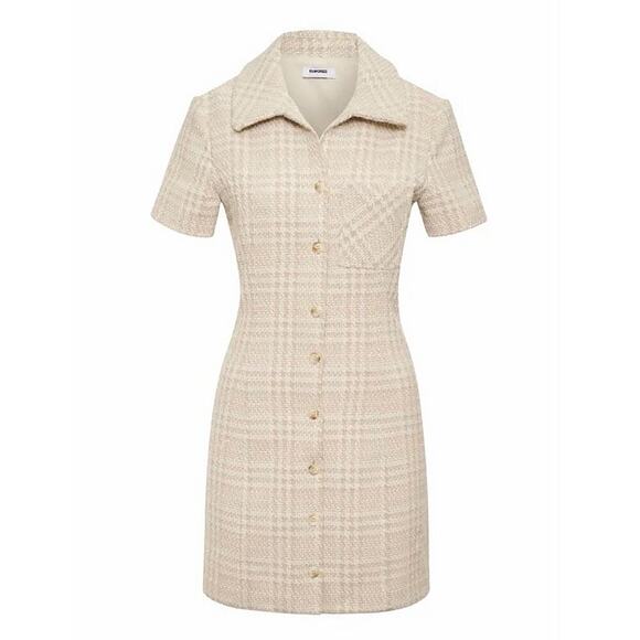 Rumored Beige Tweed Notting Hill Mini Dress Size 8 Button Down Preppy Y2K - Picture 4 of 6